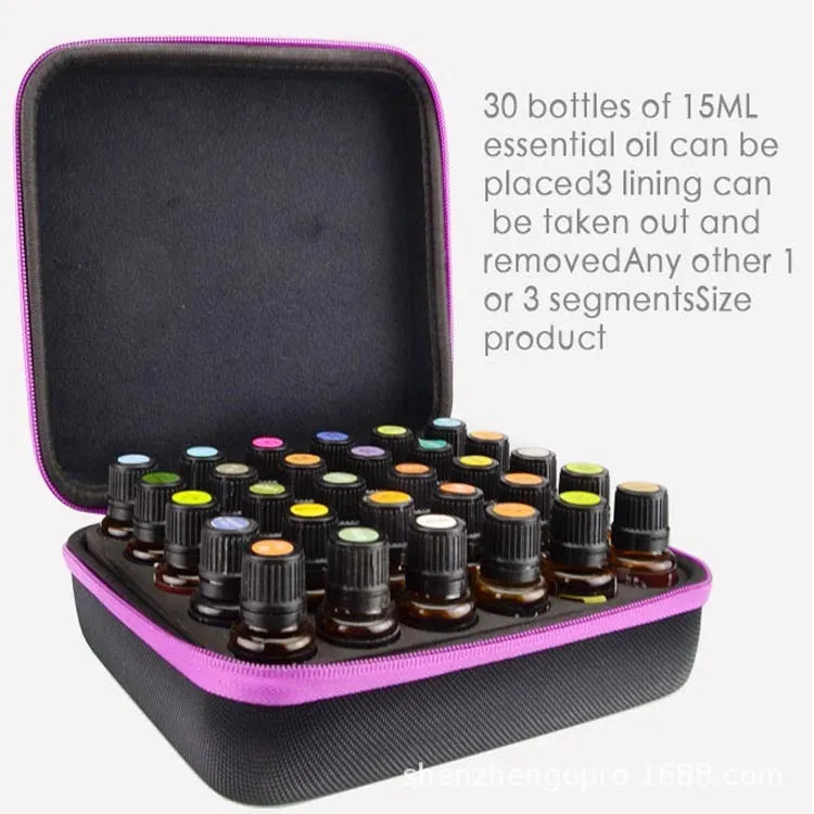Red EVA essential oil storage bag with 30 compartments and a zipper, mounted on a wall.