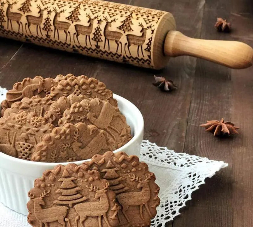 45cm long wooden rolling pin with embossed Christmas patterns like reindeer and snowflakes for baking.