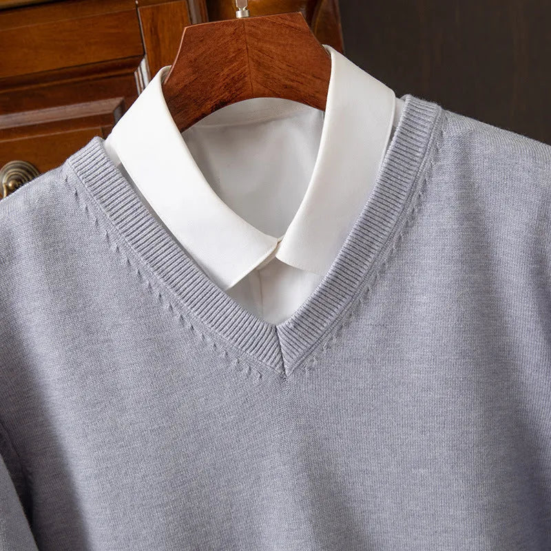 Men's knitted viscose-blend V-neck pullover sweater in light grey with ribbed hem