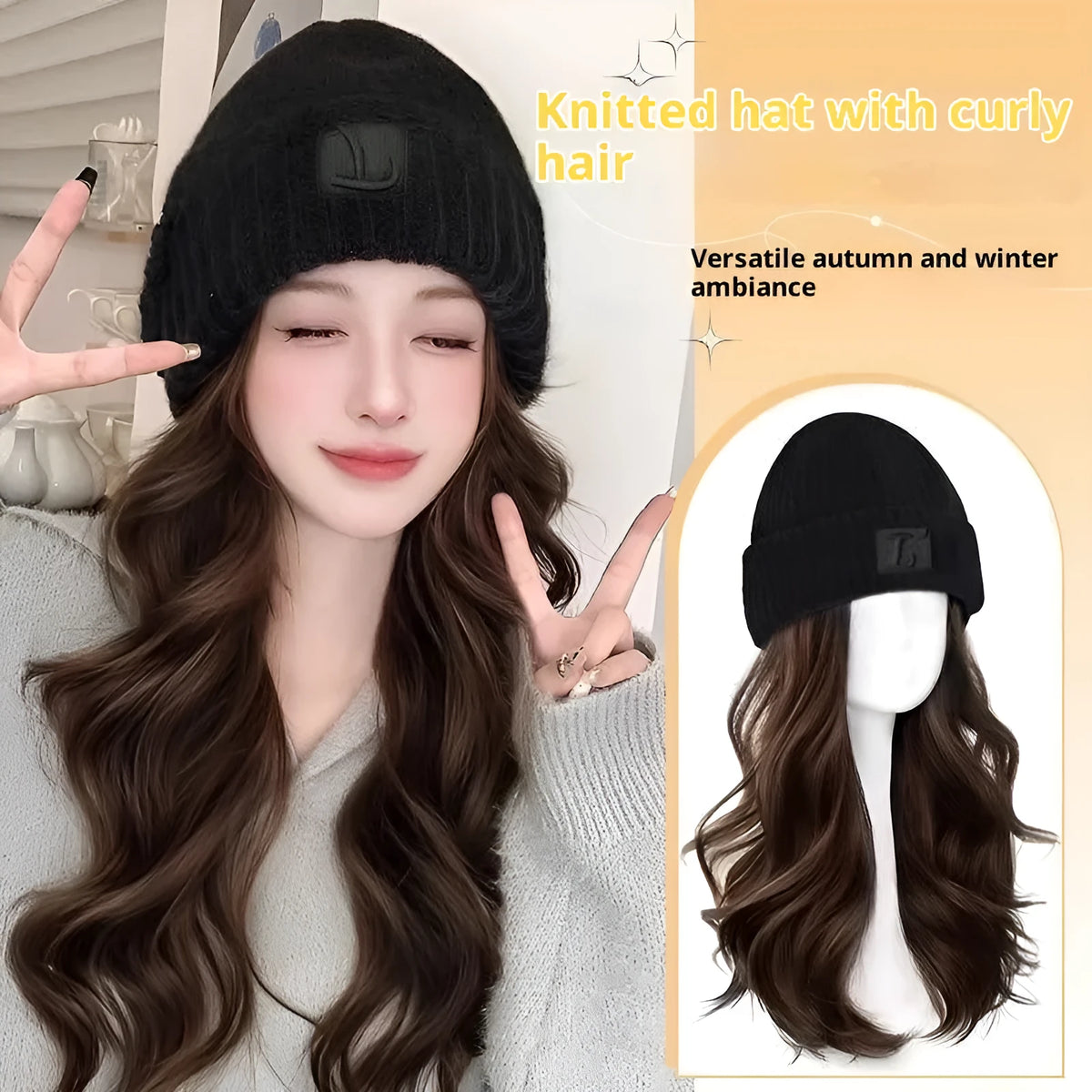 Hat wig for big heads with big wave style in brown black colour, protein filament material