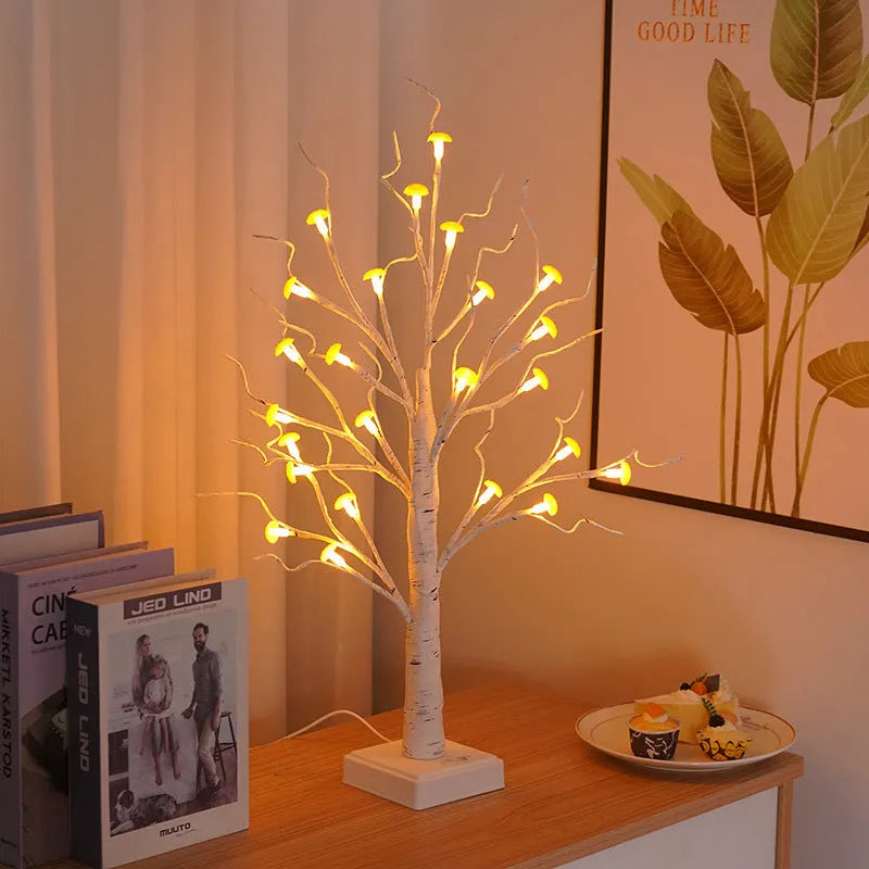 60cm tall white birch tree LED lamp with 24 small detachable mushroom lights on top.