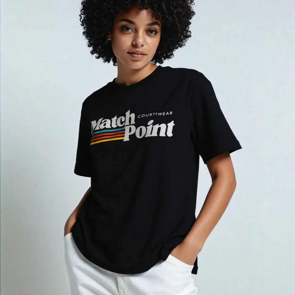Black men's casual T-shirt with a 3D digital printed text pattern, showing round neck and short sleeves.