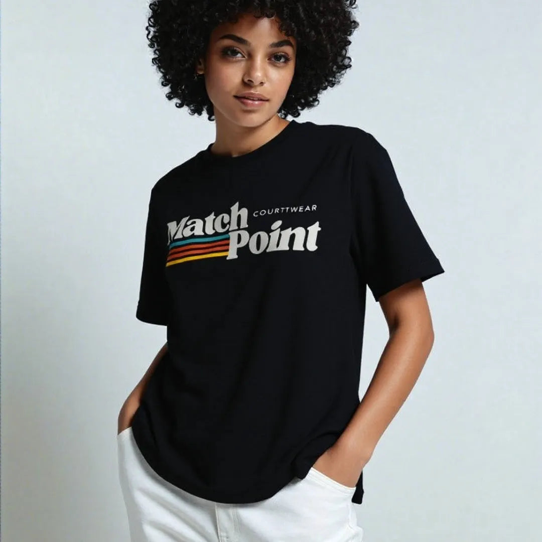Black men's casual T-shirt with a 3D digital printed text pattern, showing round neck and short sleeves.