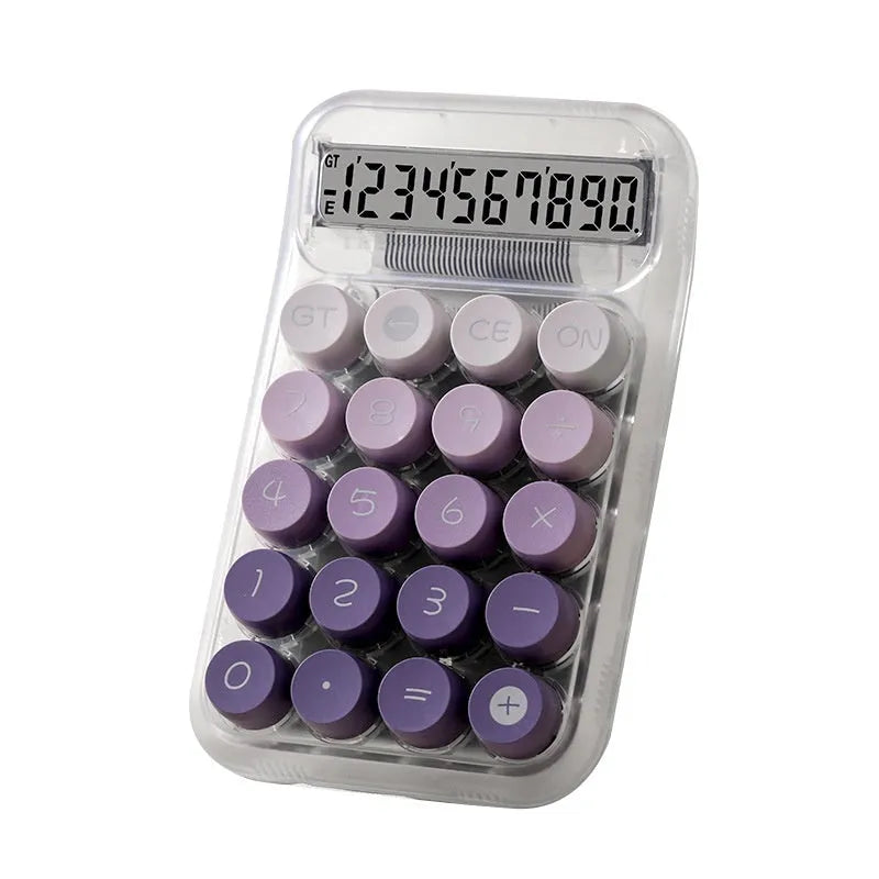 Gradient colour mechanical keyboard calculator with LCD screen on ABS plastic casing.