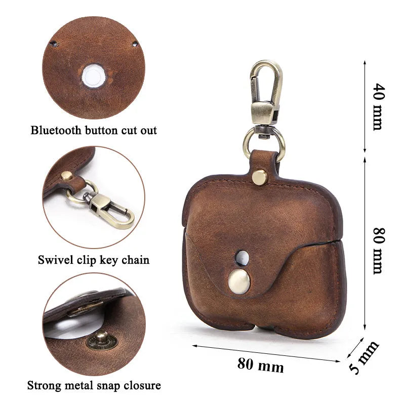 Brown leather clamshell case for AirPods Pro with a vintage crazy horse texture.
