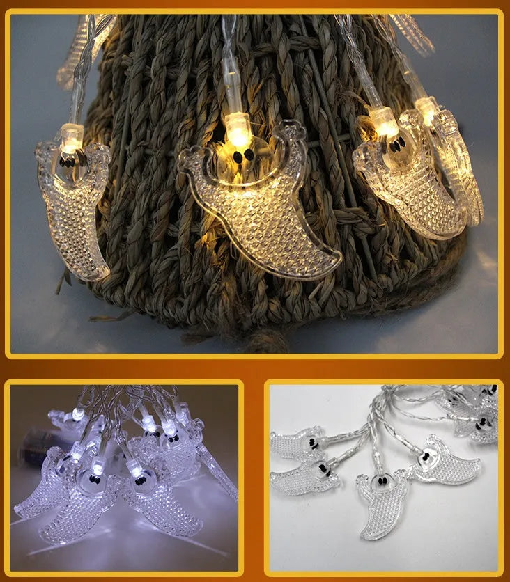 Halloween LED string lights with plastic pumpkin, ghost and bat decorations hanging on a 1.2 metre cable.