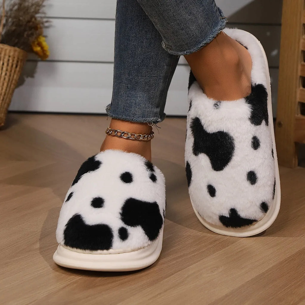 Cow spotted plush slippers in brown with non-slip sole winter indoor footwear