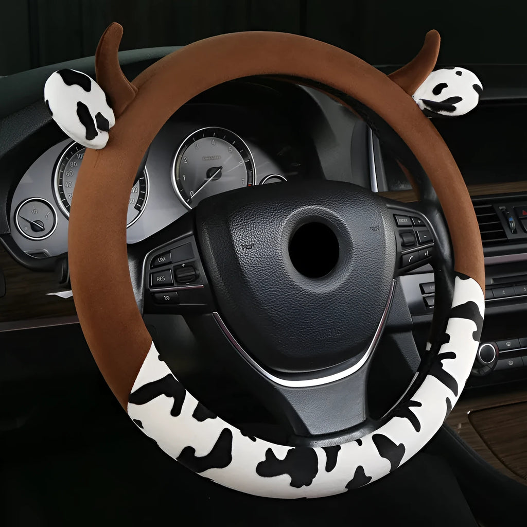 Black short plush automotive steering wheel cover showing protective handle feature