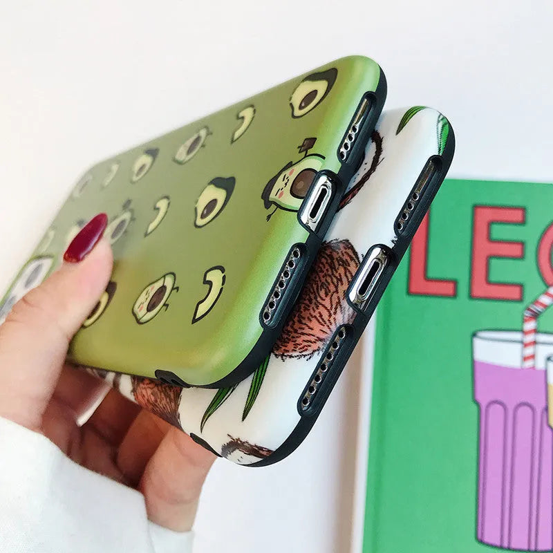 Green avocado cartoon TPU phone case on iPhone showing back cover design with green avocado graphic