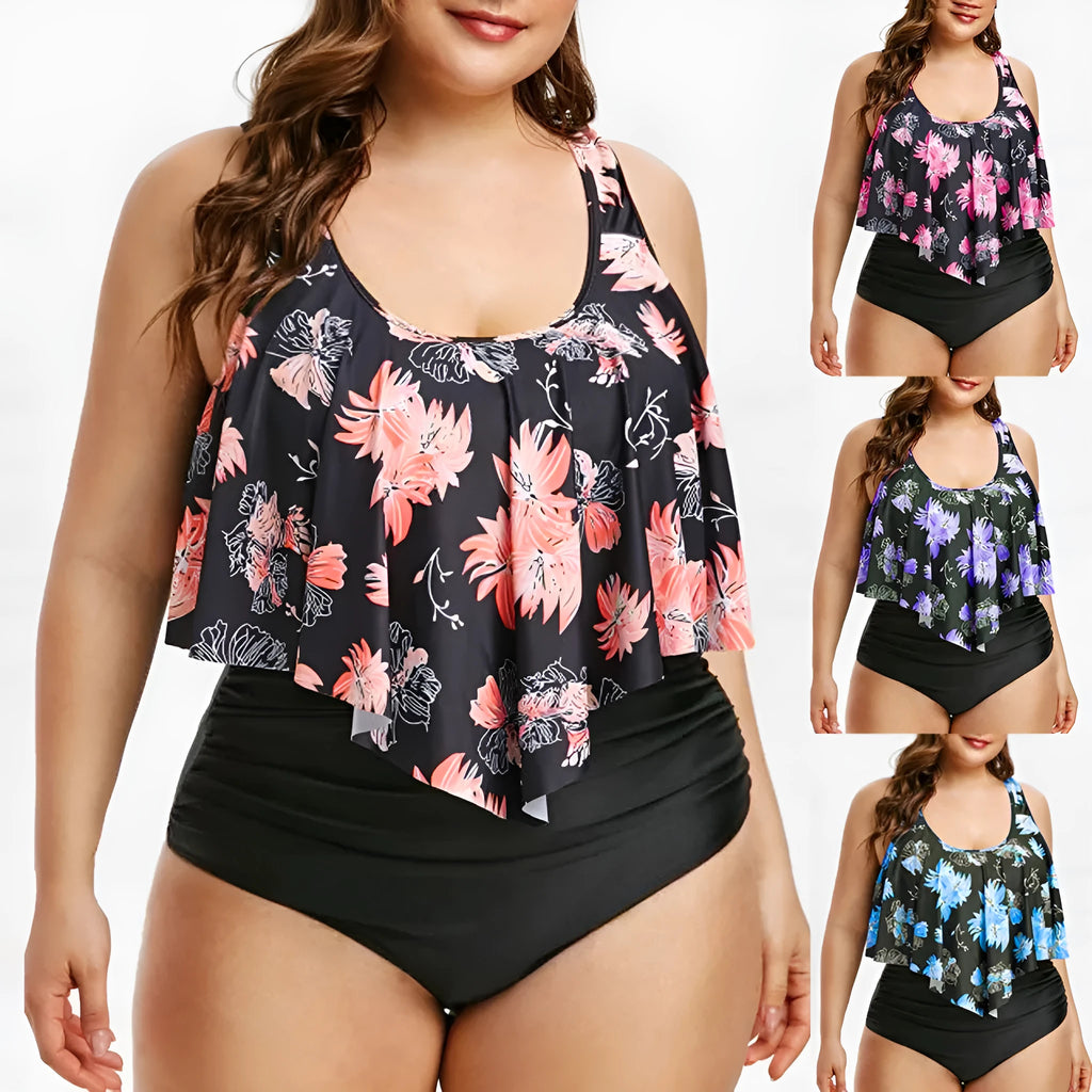High waist lotus print swimsuit in polyester fibre, available in blue colour, sizes XL to 5XL