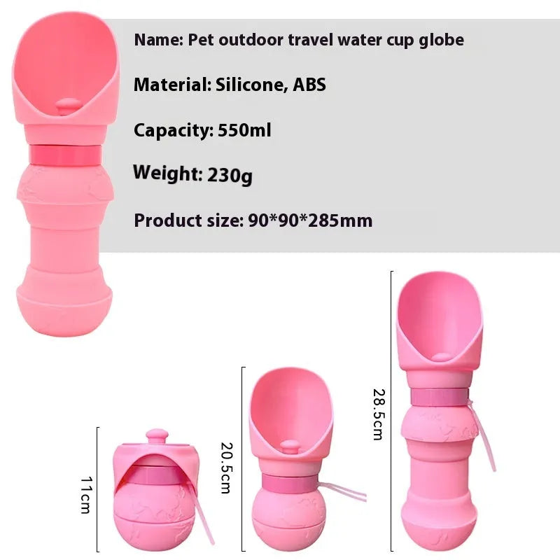A pink silicone folding cup for pets, shown both expanded as a water bowl and collapsed flat for storage.