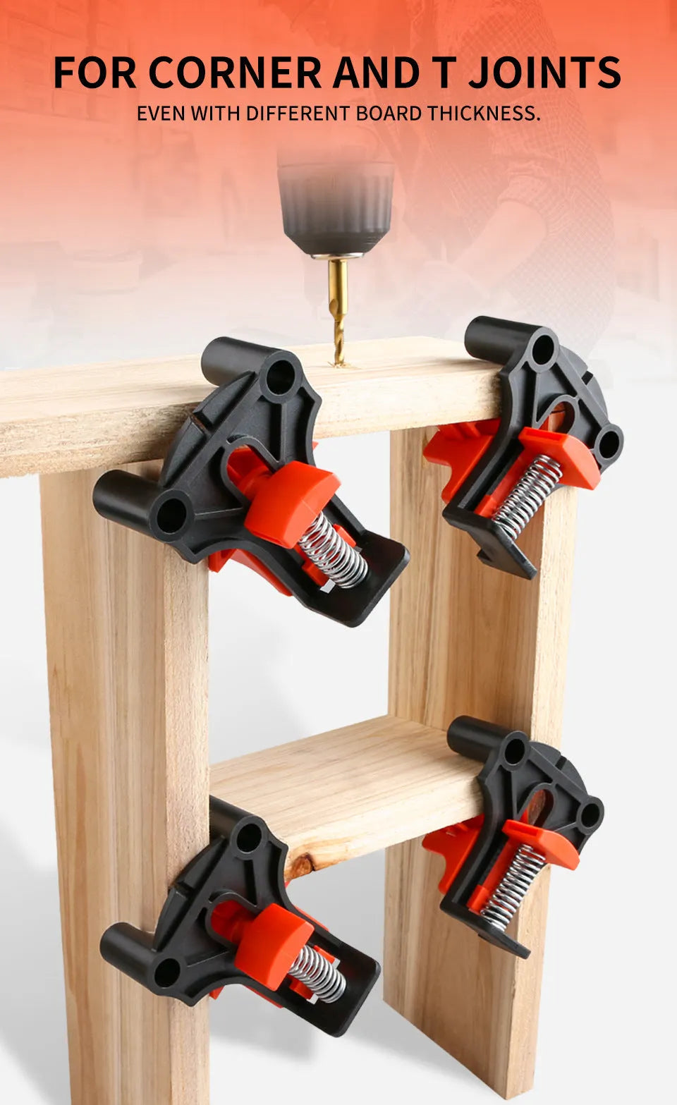 Set of four plastic right-angle clamps for woodworking and picture frame assembly.