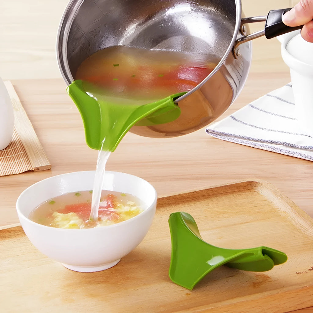 Green silicone kitchen funnel tool for circular pots with clamp design to prevent spills