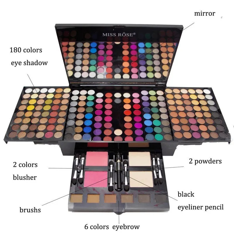 Piano-shaped makeup palette open showing 190 powder pans including eyeshadows, blushers and contour powders