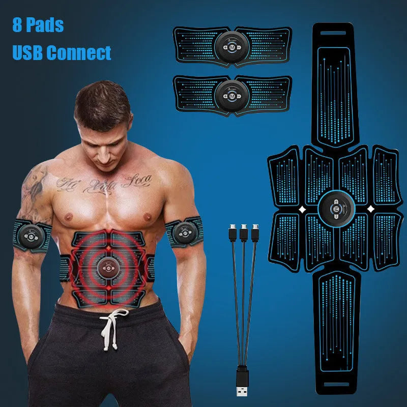 EMS abdominal muscle stimulator sticker in PU gel with rechargeable device and USB cable, available in Blue, Blue spot and Orange.