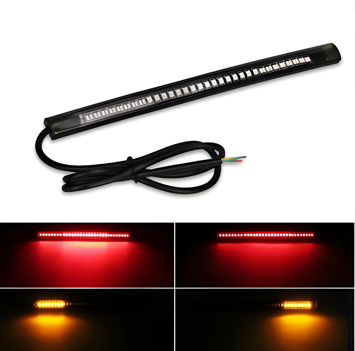 Universal flexible 48 SMD LED motorcycle tail light strip with red brake and amber turn signal LEDs, waterproof 12V