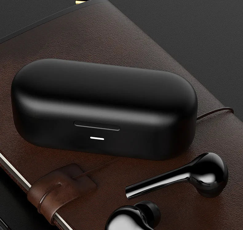 Black and white Bluetooth wireless in-ear headphones with touch controls and charging case