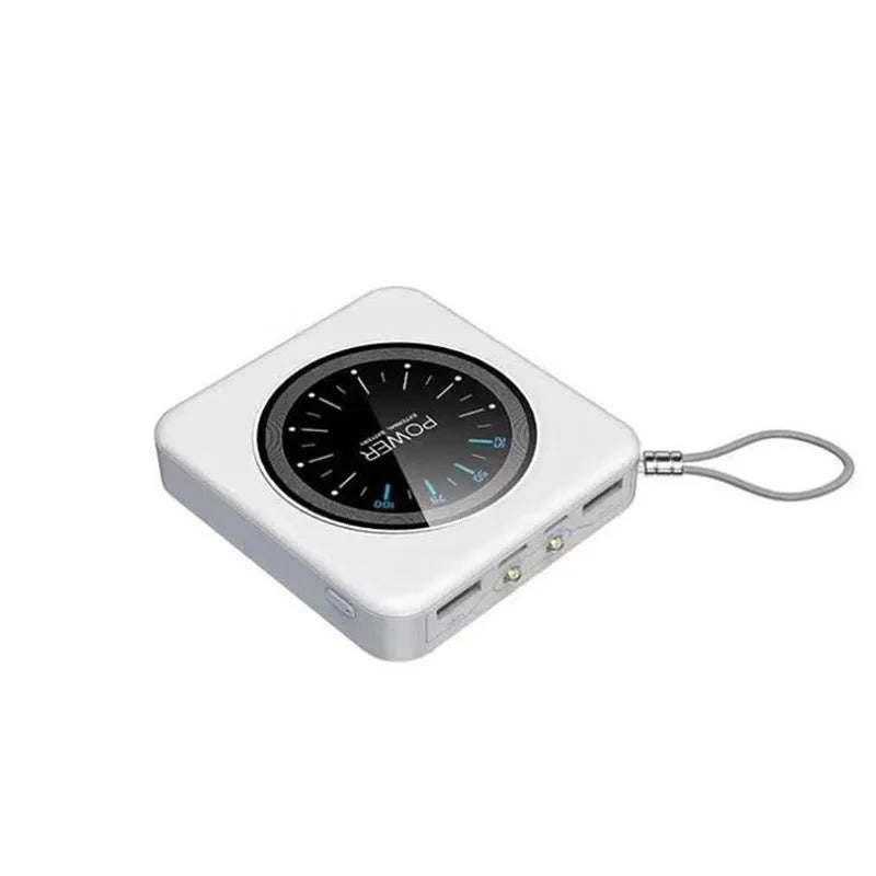 Compact mint green alloy power bank with a digital LCD display showing battery percentage, next to a smartphone.