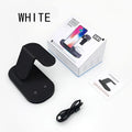 Three-in-one fast wireless charger in black or white, showing charging areas for phone, watch and headphones.