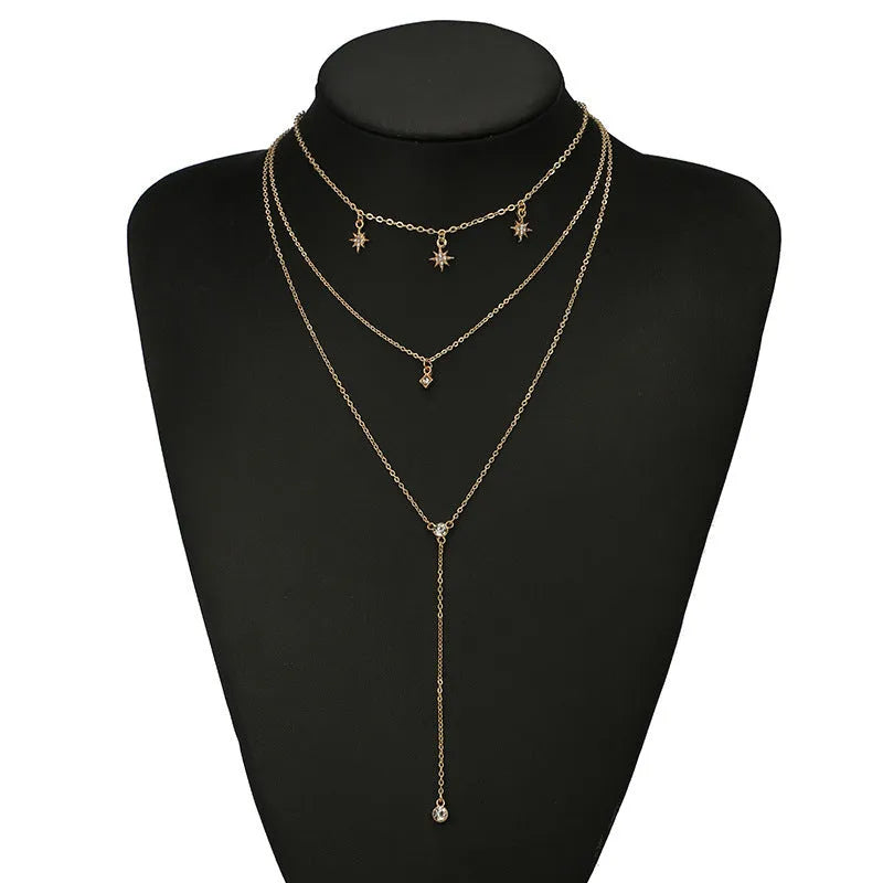 Moon star multilayer necklace set in alloy with plated finish, women's sweater chain, 1x star necklace