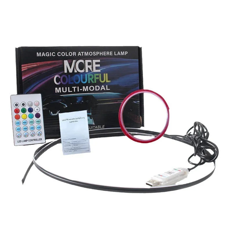 Car interior ambient lighting kit with LED strips, remote control, and smartphone app display showing colour customisation options