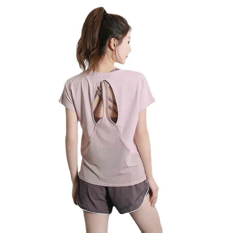 Women's short sleeve polyester sports T-shirt in grey green for running and gym workouts