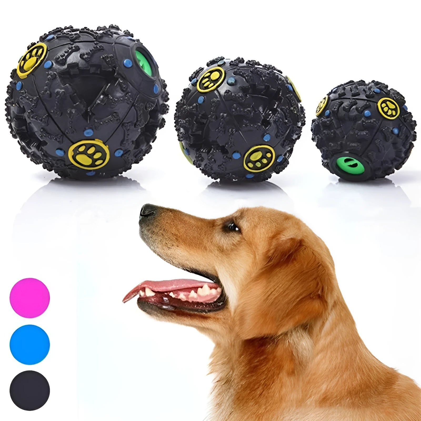 Paw Prime Tricky Treat Ball in blue with a dog playing nearby, available in three sizes