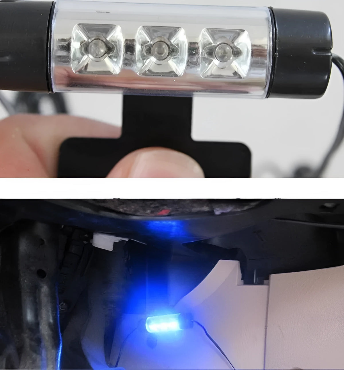 Blue car interior atmosphere lights, four rotatable LED xenon lamps, 60mm by 16mm, cigarette lighter plug and tape