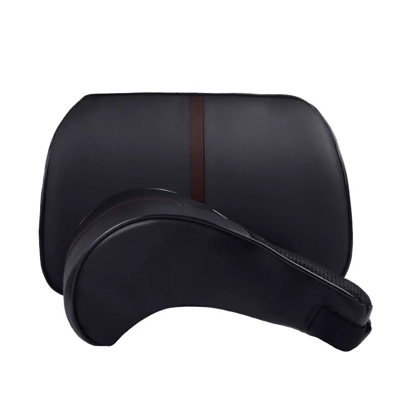Car seat cushion headrest with memory foam interior and leather exterior in solid colour
