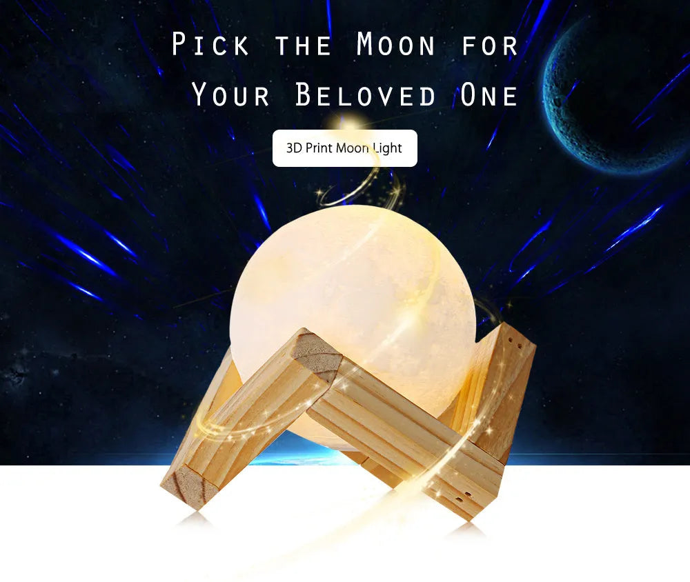 3D printed moon lamp showing detailed lunar surface with wood holder and touch control ring