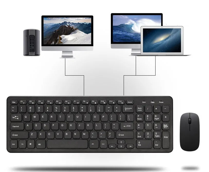 Wireless keyboard and mouse set in choice of colours with USB receiver on desk
