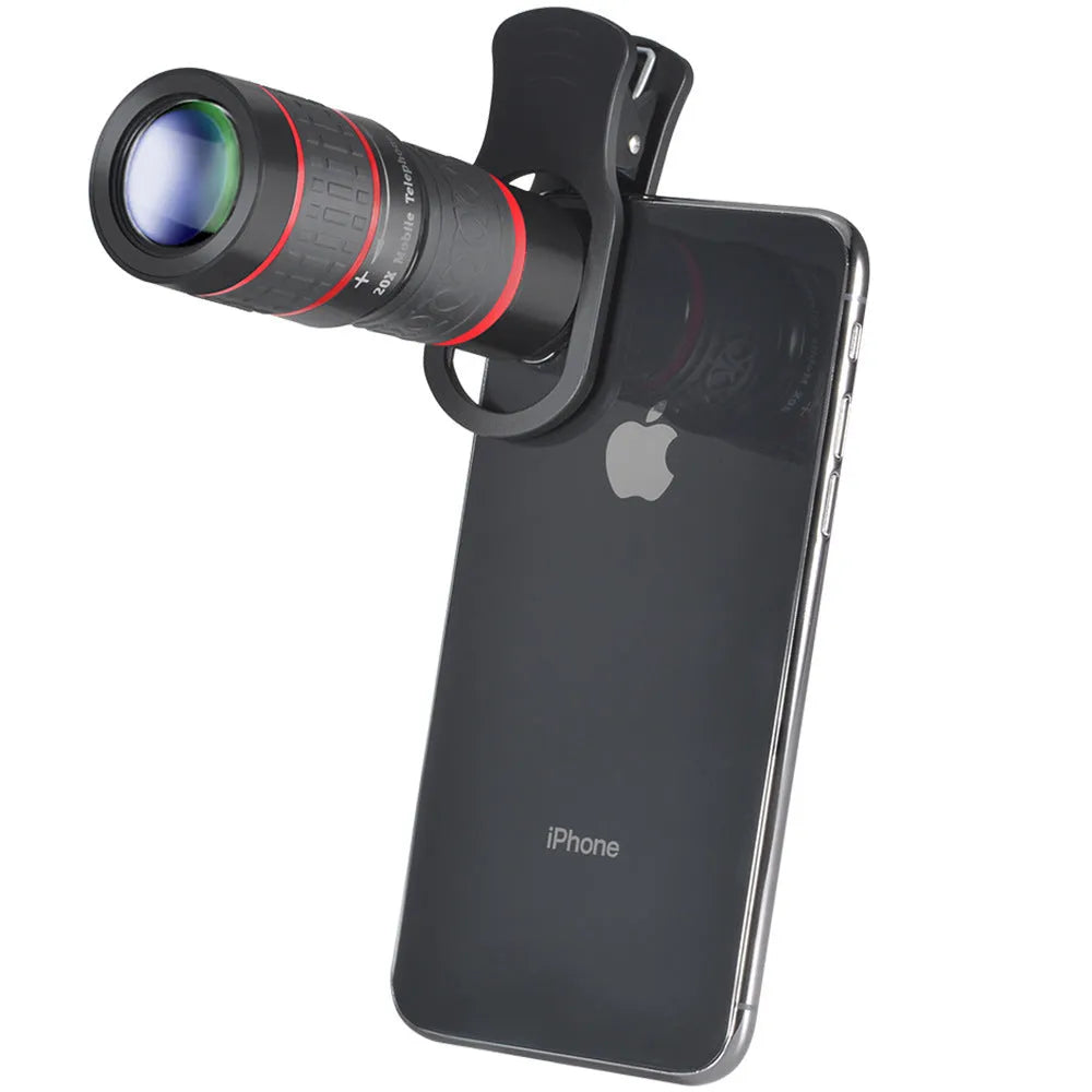 20x cell phone telescope with plastic body, optical glass lenses, and universal clip for mobile phones