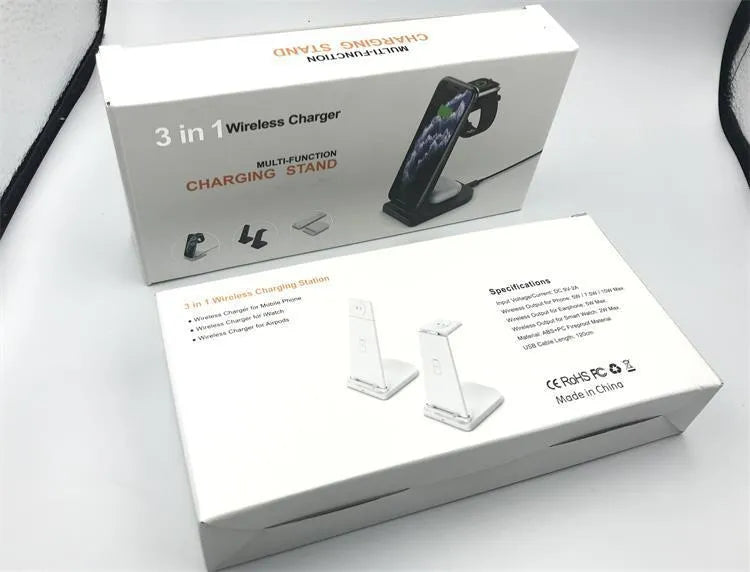 Foldable 3-in-1 wireless charger for phone, headphones and watch showing charging pads and 120cm USB cable