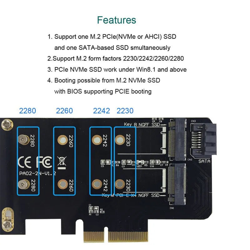 Black M.2 SSD adapter card with two M.2 B Key and M Key slots on PCIe X4 board