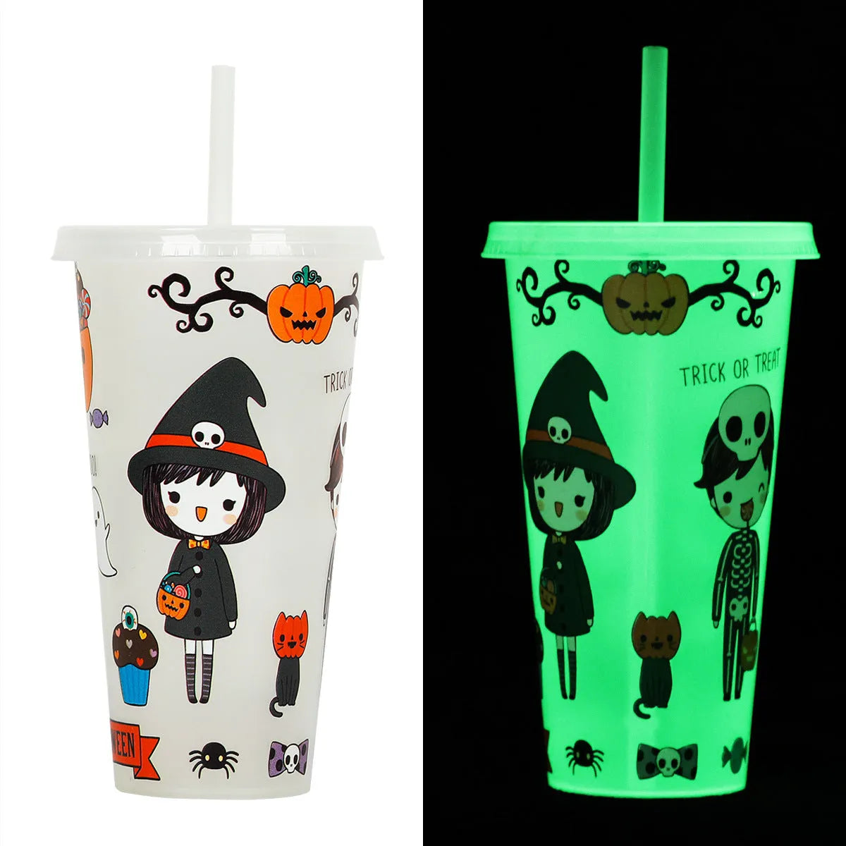Halloween luminous plastic straw cup with 720ml capacity on a table.