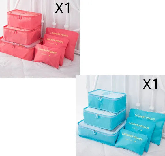 6 PCS travel storage bag set in polyester with handbag shape, multiple colour options for clothes and cosmetic organisation