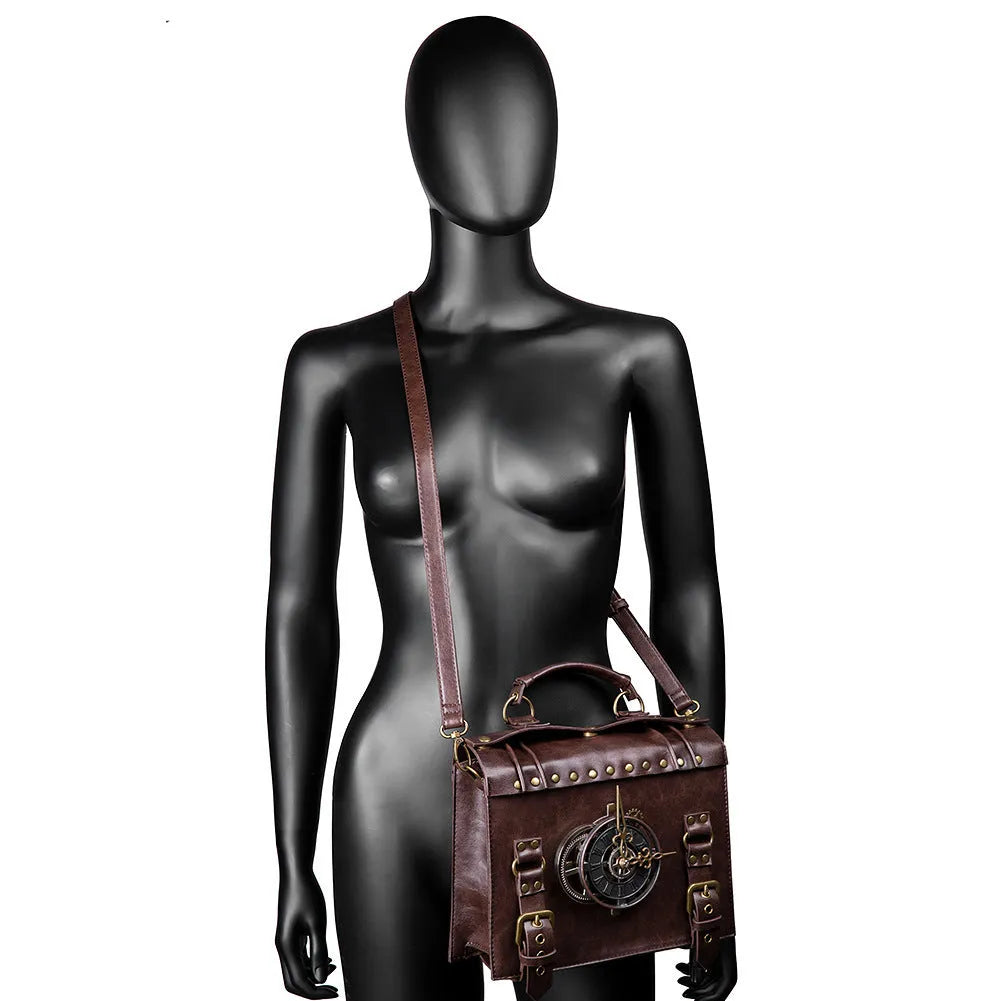 Bronze steampunk style PU leather shoulder bag with metal hardware on a horizontal square pillow bag shape.