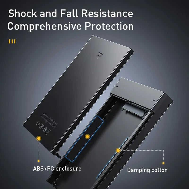 Universal 2.5-inch SATA hard disk enclosure in aluminium alloy shell with smart hibernation support and included cable