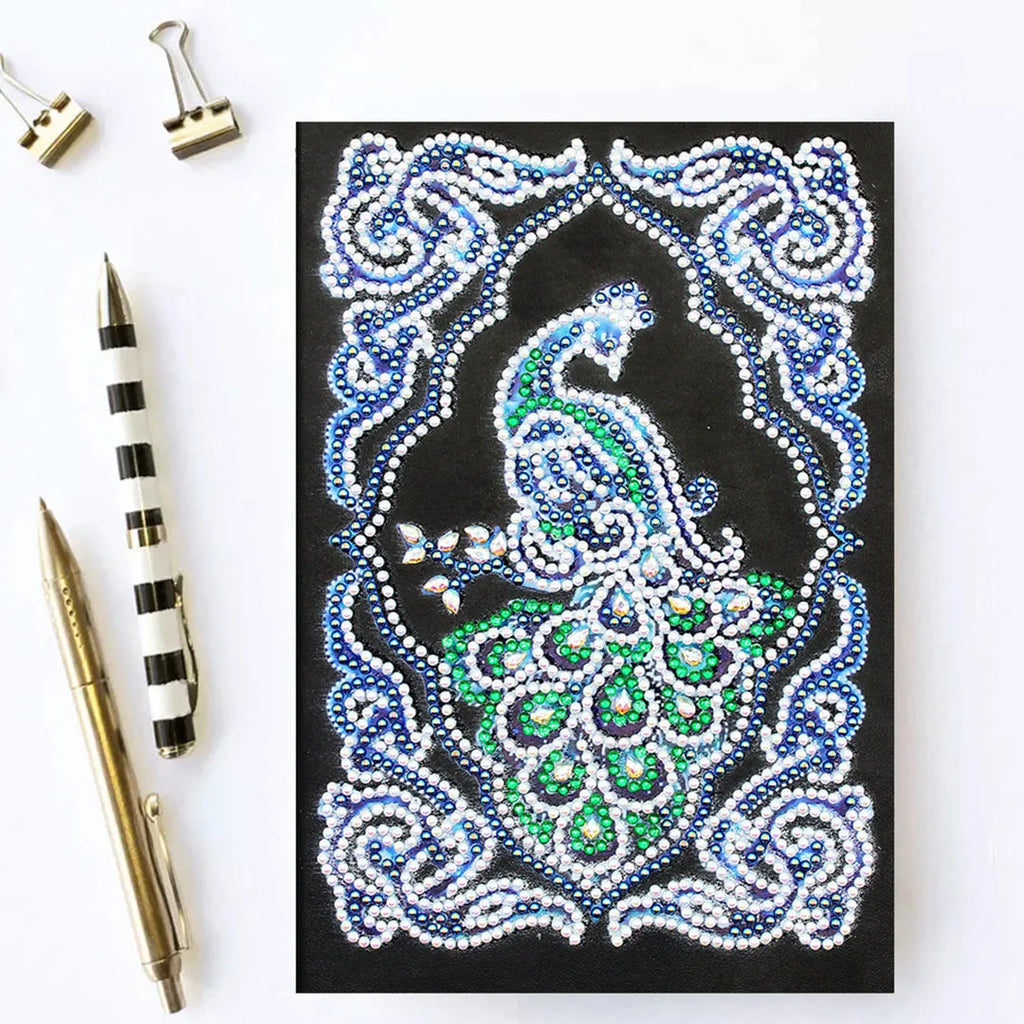 Black A5 diamond painting notebook for peacock art with shaped and bright drills.