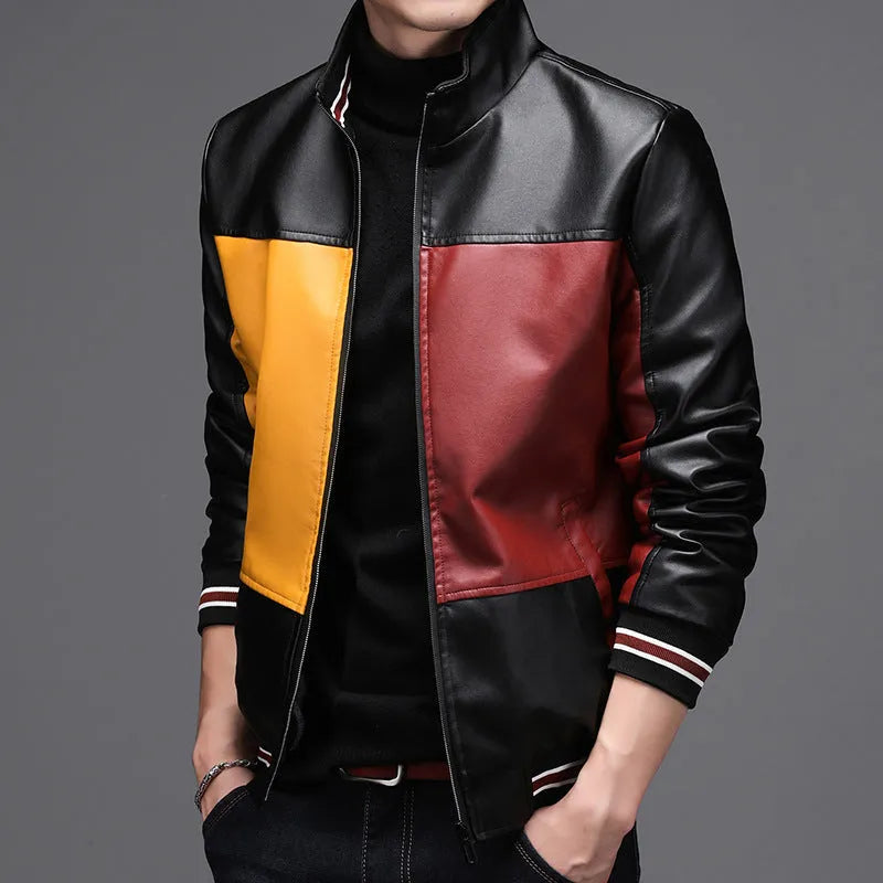 Men's leather casual jacket with stand-up collar and zip front, polyester lining, blue or red, sizes L-4XL