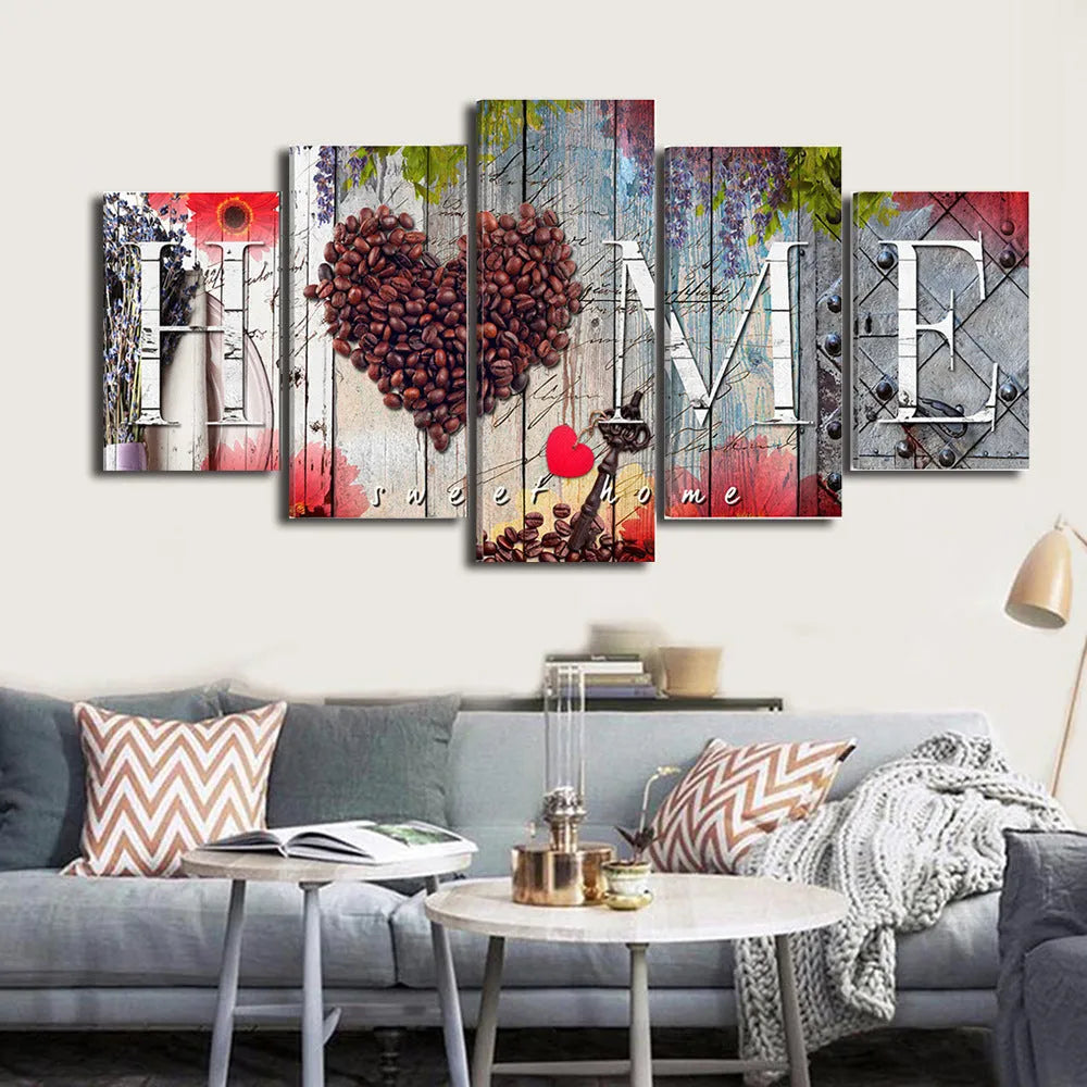 Set of five red unframed oil painting canvas panels in varying heights for wall display