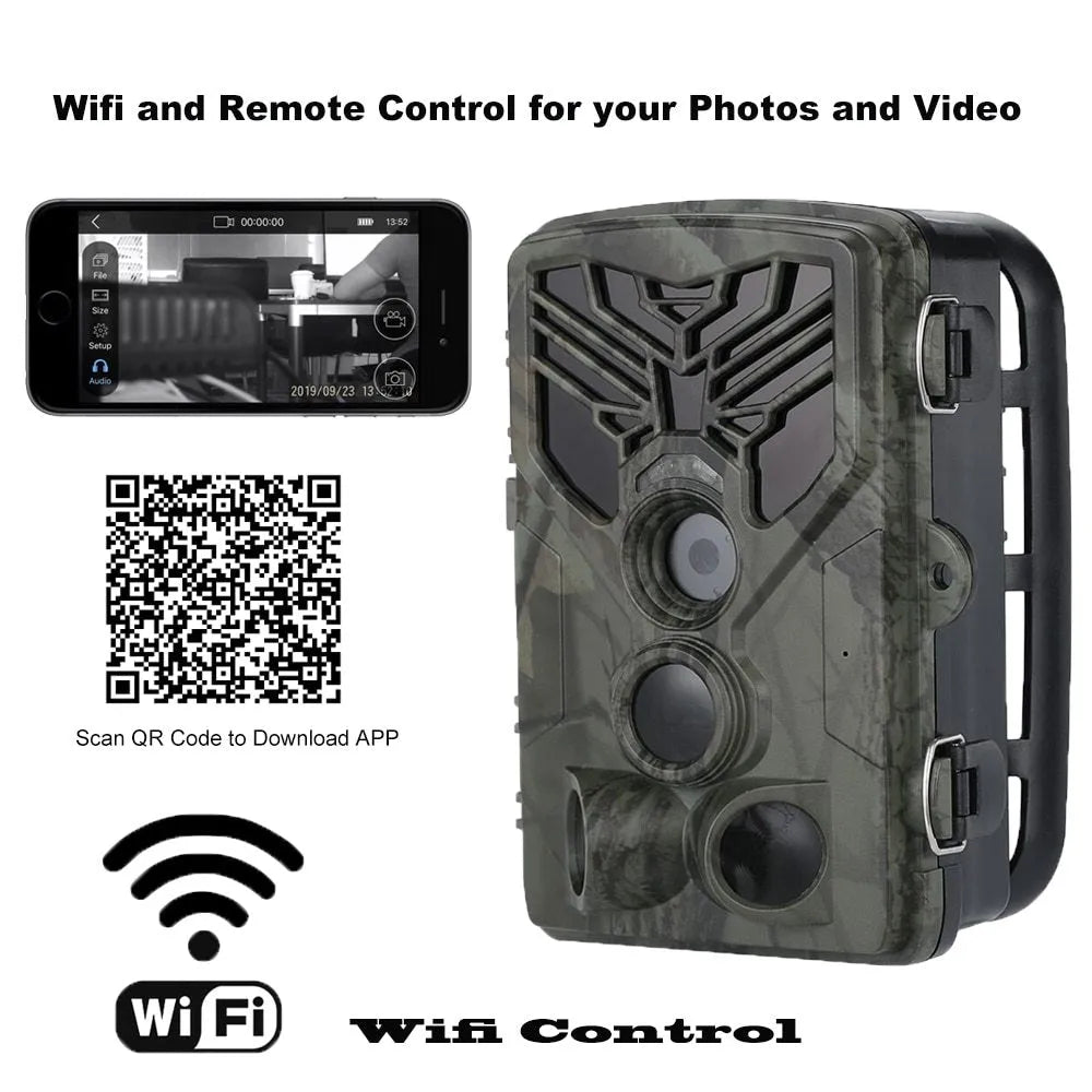 WiFi830 hunting camera with camouflage design showing display screen and lens
