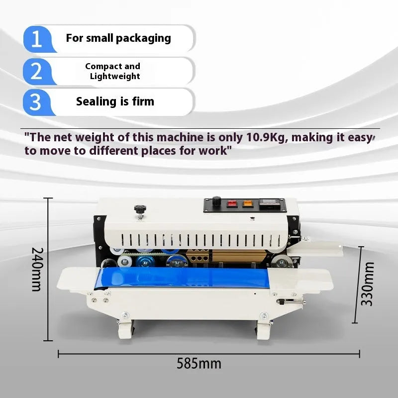Compact manual steel sealing machine with a date print function on its sealing jaw.