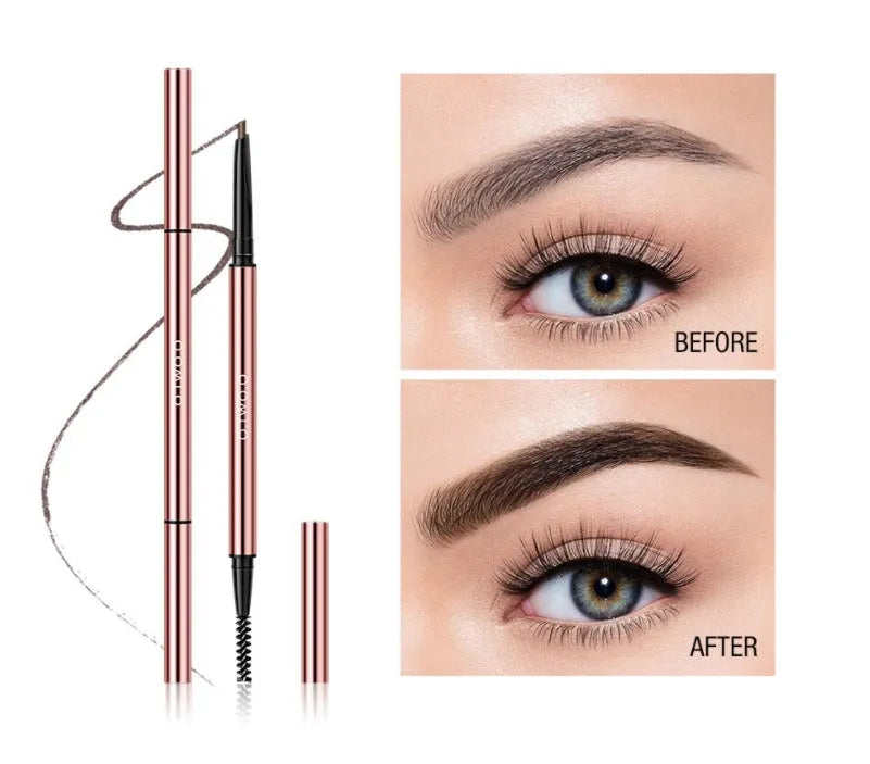 Eyebrow pencil in colour box packaging showing six shade options: Auburn, Blonde, Caramel, Dark Brown, Soft Brown, Taupe.