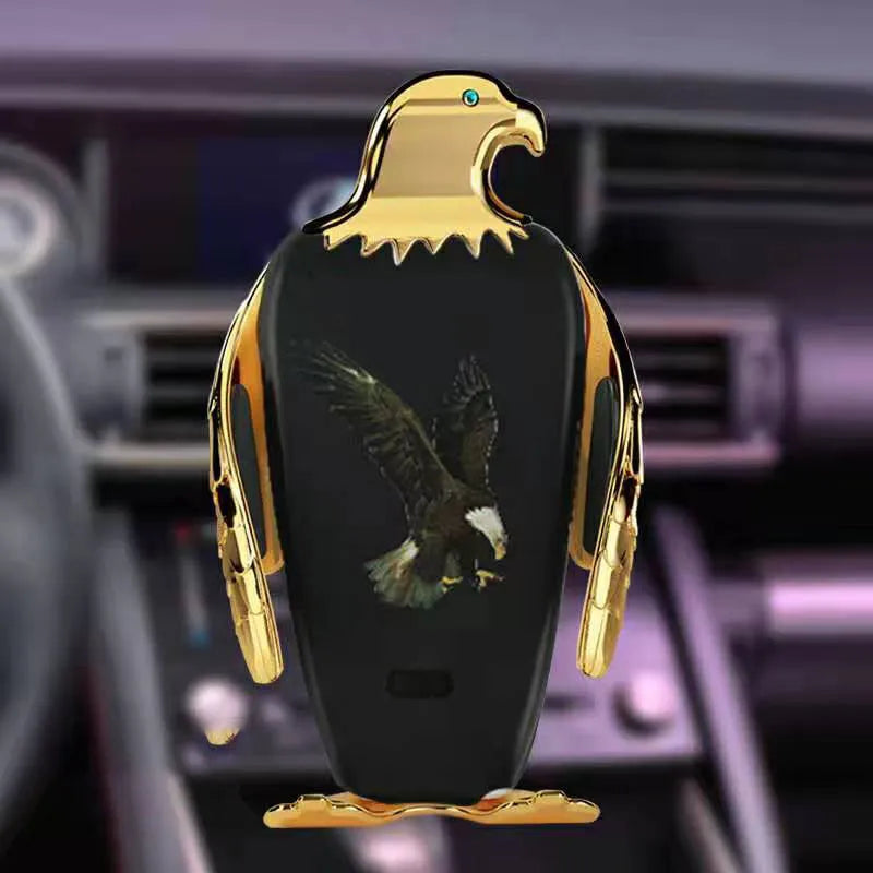 Eagle style car phone holder with wireless charging and suction cup mount in black and gold colours