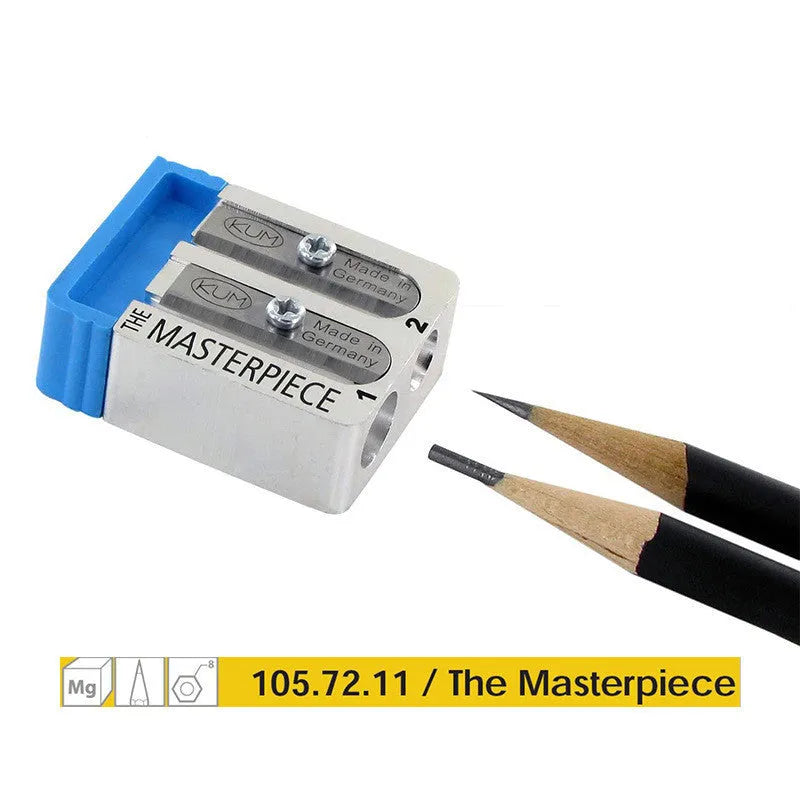 Segmented magnesium metal pencil sharpener with blue plastic plug and two spare blades in silver colour