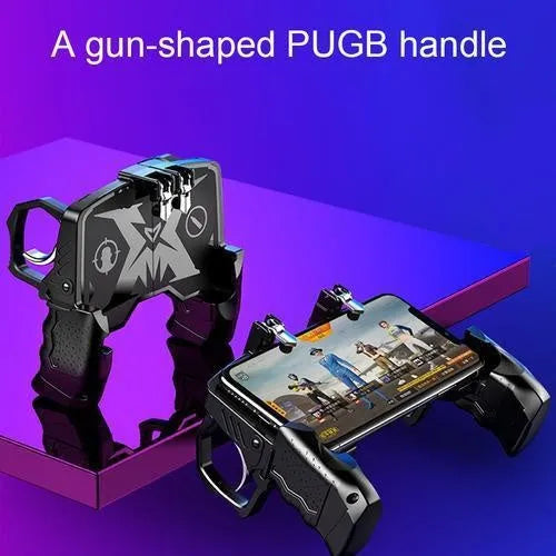 Black multi-function gamepad controller for mobile phones with metal trigger and integrated phone holder