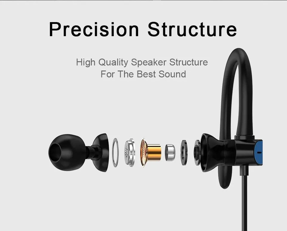 Close-up of sport earphones with flexible ear hooks and silicone earbuds in black and blue colour