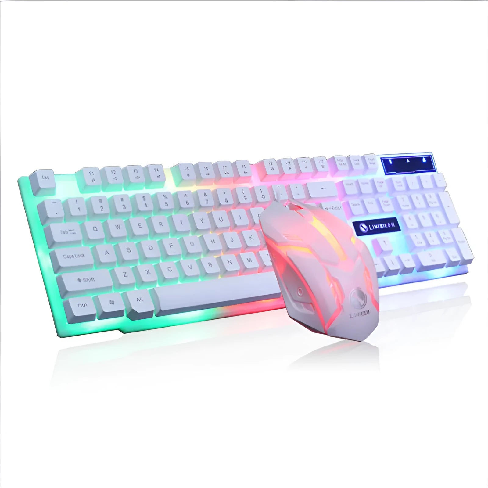 Limei GTX300 white backlit gaming keyboard and mouse set on a desktop.