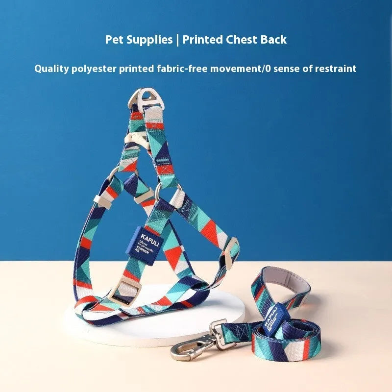 Blue adjustable dog chest harness with attached haulage rope on a white background.
